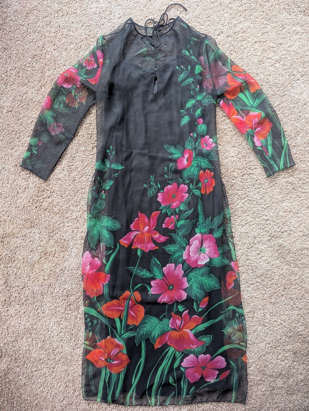 Miss Elliette Vintage Sheer Floral Long Sleeve Maxi Dress Rare Medium